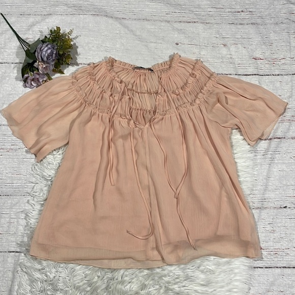 Zara Peach Chiffon Tiered Tie Blouse - Picture 1 of 8